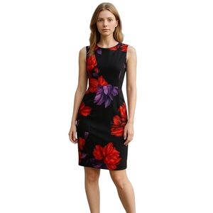 Calvin Klein floral scuba sheath dress sz 2 black red purple